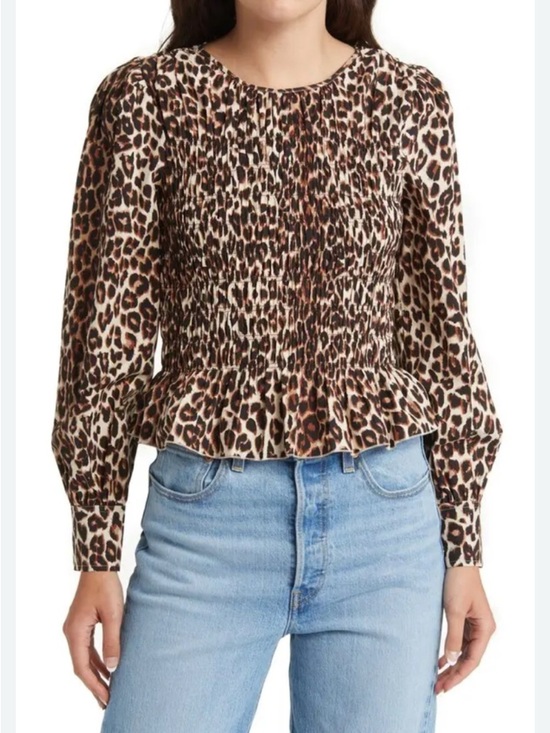 Rails Tops - Rails Nala Leopard Peplum Top Smocked Animal Print Long Sleeve Brown Women’s M